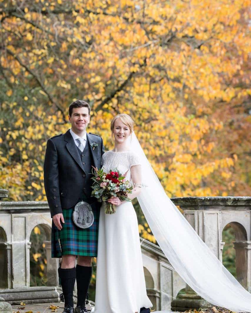 Bride and Groom at Winton Castle Autumn Wedding